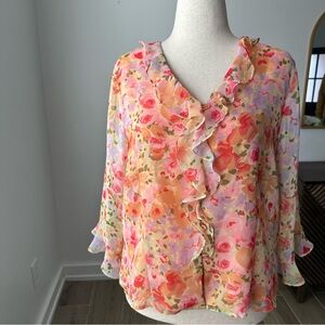 Notations Floral Ruffle Blouse - Pink and Orange